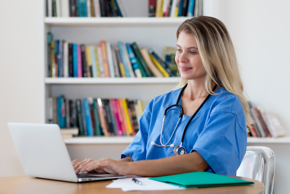 woman learns healthcare at computer